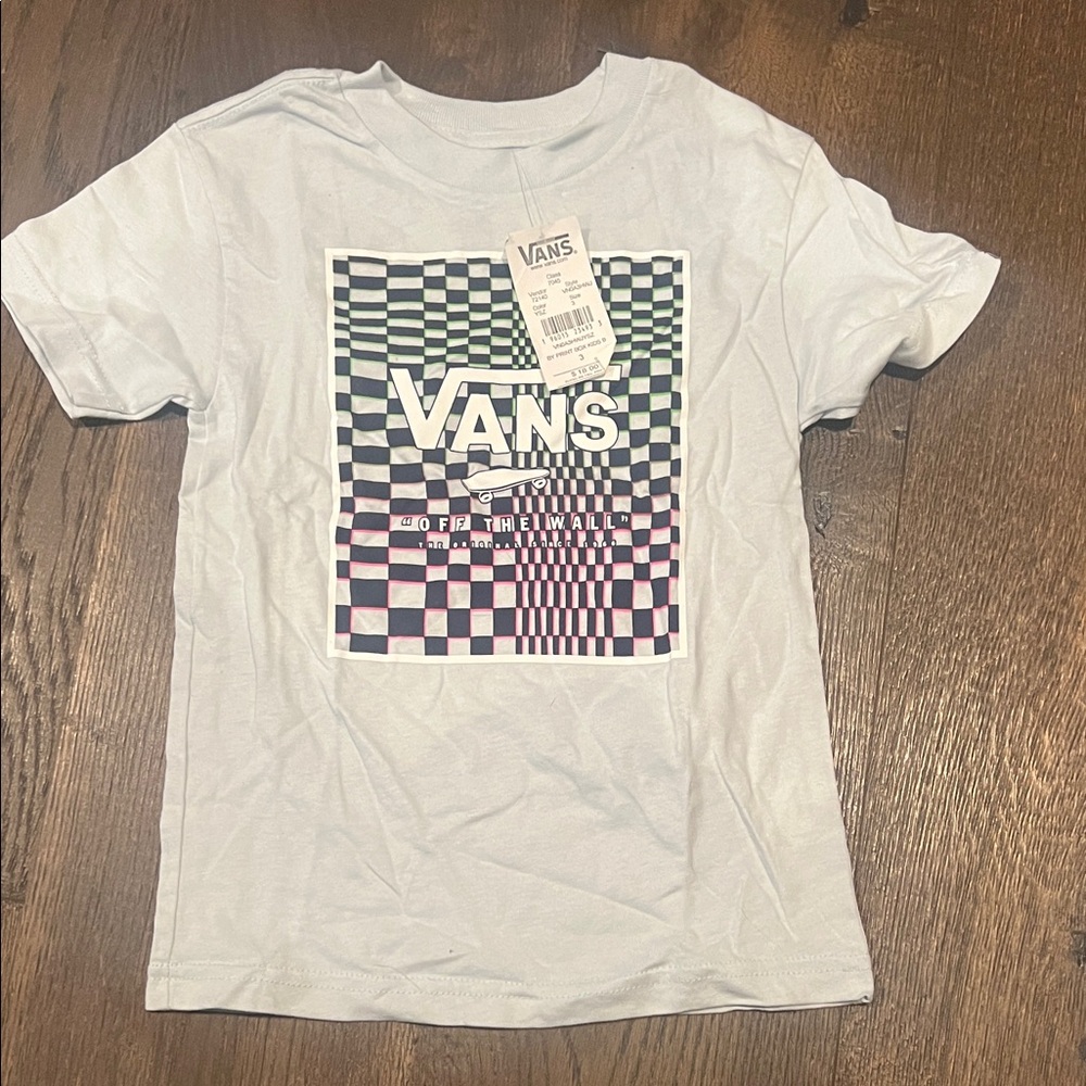 Vans Youth Checkerboard Logo Tee - Light Blue with Black & Pink Graphic